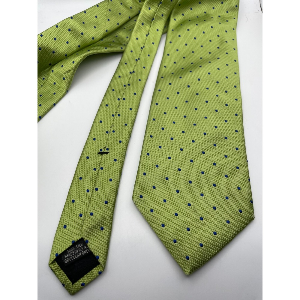 Mark Pendleton Mens Silk Tie Lime Green Blue Polka Dot Made in USA Classic Woven